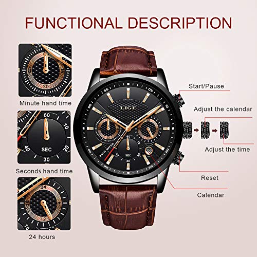 LIGE Mens Watches Chronograph Leather Waterproof Analogue Quartz Stainless Steel Business Classic Men's Wrist Watches, Black Brown, bracelet