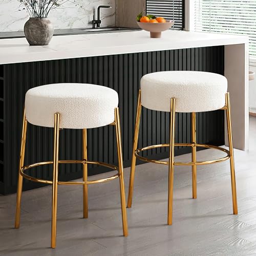 Dolonm 30 Inch Round Bar Stools Set of 2, Teddy Fabric Upholstered, Bouclé and Sherpa Chairs, Backless Kitchen Island Stools, Metal Frame Bar Chairs, Beige with Gold Legs (Set of 2)