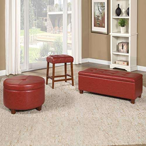 HomePop Round Leatherette Storage Ottoman with Lid, Cinnamon Red Large