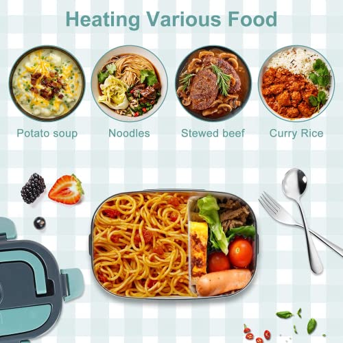 FOHOA Electric Lunch Box Food Warmer AU, Portable Food Heater for Car & Home, Lunch Heating Microwave for Truckers with Removable 304 Stainless Steel Container 1.5 L, with Fork Spoon Carry Bag(Green)