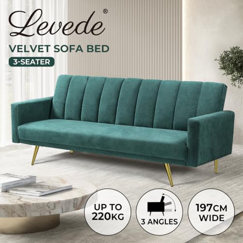 LEVEDE 3 Seater Sofa Bed Convertible, Velvet Loveseat Sofa Couch, Recliner Sofa Lounge with 3 Adjustable Backrest Positions, Spare Bed for Guest, Load Up to 220kg (197cm, Green)