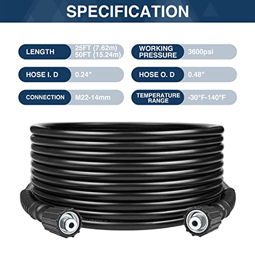DERASL High Pressure Washer Hose, 25FT, 3300PSI, M22-14mm Female Thread on Both Sides, Torsion Resistant, Replaces Most Brands of Power Washer Hose