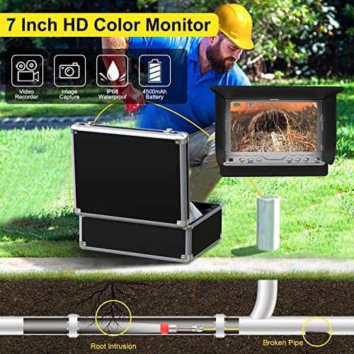 Pipe Inspection Camera,IHBUDS Pipeline Drain Sewer Industrial Endoscope, PC30M Waterproof IP68 30M/100ft Snake Video System with 7 Inch LCD Monitor 1000TVL Sony CCD DVR Recorder (8GB SD Card Include)