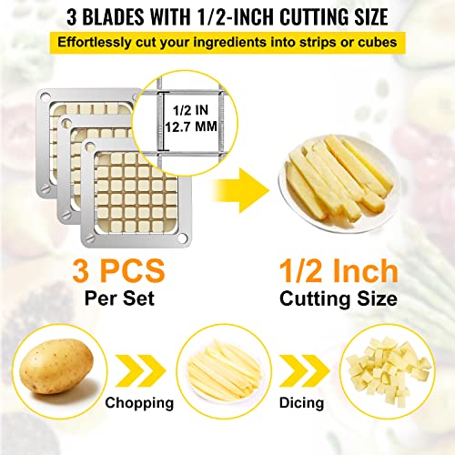 VEVOR Replacement Chopper Blade, 1/2 inch, 3 PCS French Fry Blade Assembly with 6 Extra Knives, Stainless Steel Dicer Parts and Push Block for Cutting Potatoes Carrots Onions Cucumbers Mushrooms