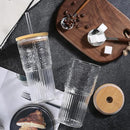 Drinking Glasses with Bamboo Lids and Glass Straw 2pcs Set - 22oz Transparent Striped Glass Cups, Beer Glasses, Iced Coffee Glasses, Cute Tumbler Cup, Ideal for Cocktail, Whiskey,