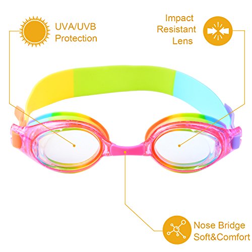 Kids Swim Goggles Waterproof Swimming Goggles Kids Child Goggles Glasses With Clear Wide Vision Anti Fog UVA/UVB Protection and No Leak Soft Silicone Gasket for Girls Children