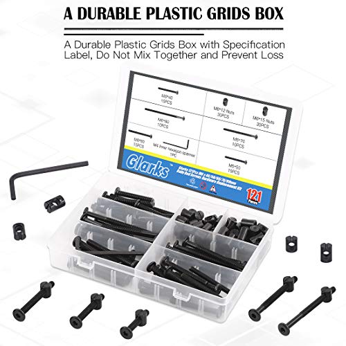 Glarks 120Pcs M6x40/50/60/70/80mm Black Hex Socket Cap Bolt Screws and Barrel Nut Assortment Kit with a Allen Wrench for Crib Baby Bed Cots Furniture