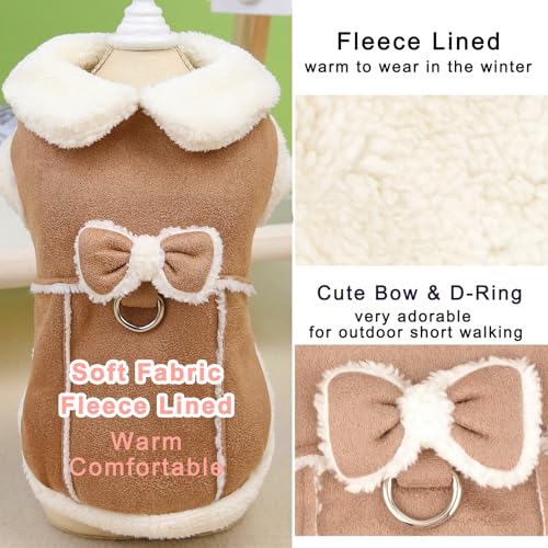 Zunea Dog Winter Coats for Small Dogs Cats Shearing Fleece Dog Jacket Coat with D-Ring Cute Puppy Clothes with Bow Soft Warm Fleece Vest Clothing Windproof Cold Weather Pet Chihuahua Apparel Khaki S