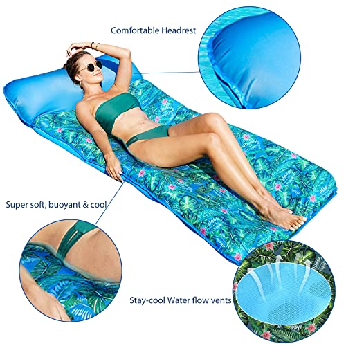 FindUWill Oversized Pool Floats- 72" X 37" Extra Large Fabric Covered Pool Float Raft for Adults, Inflatable Pool Floaties Lounger with Headrest Ultra-Comfort Cooling Floating Mat (XL, Monstera Green)