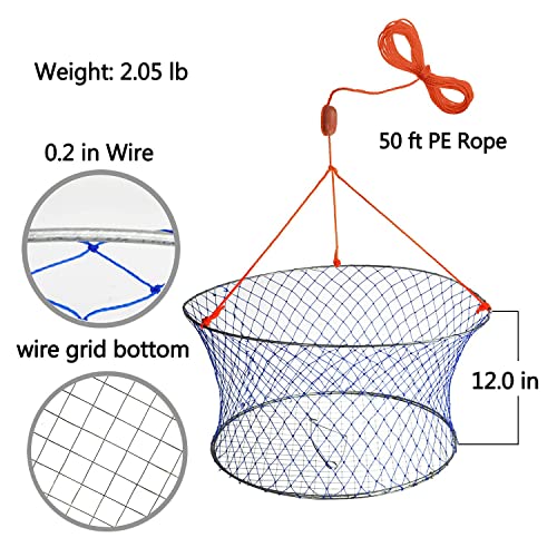 Palmyth Wire Grid Bottom Crab Nets Two Ring Crab Kit with Harness and Bait Clip 24 X 20 X 12