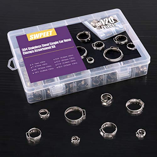 Swpeet 120Pcs 8 Sizes 304 Stainless Steel Single Ear Hose Clamps, Crimp Hose Clamp Assortment Kit Ear Cinch Rings Crimp Pinch Fitting Tools Perfect for Automotive, Home Appliance Line