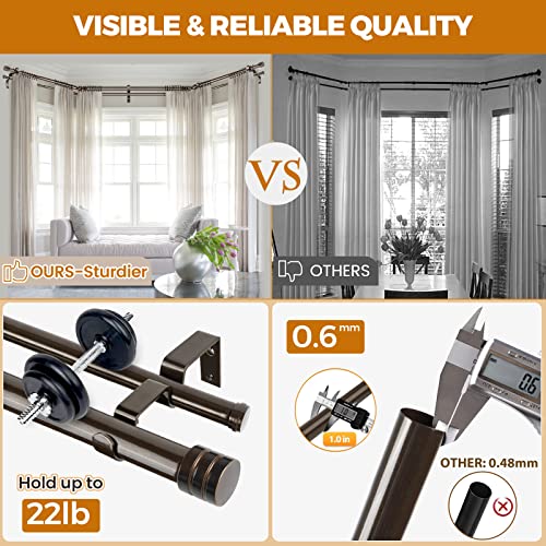 1 Inch Double Bay Window Curtain Rods,36-72 Inch Center Rod for window (24 to 68 Inch), 20-36 Inch Side Rods for windows (16-32 Inch), Antique Bronze, End Cap Finials