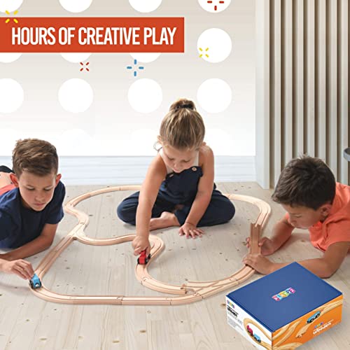 Play22 Wooden Train Tracks - 52 PCS Wooden Train Set + 2 Bonus Toy Trains - Train Sets for Kids - Car Train Toys is Compatible with Thomas Wooden Railway Systems and All Major Brands - Original - by