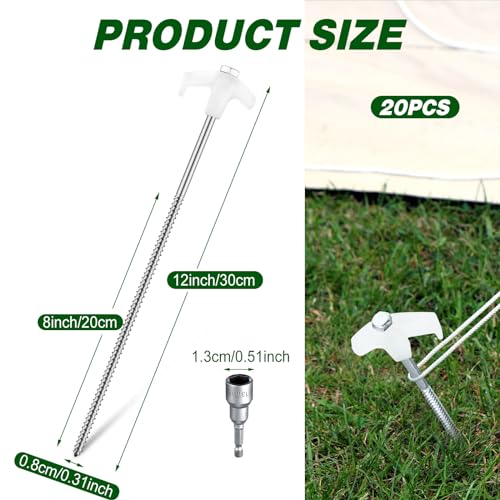 Hicarer 20 Pcs 12 Inch Tent Stakes Screw in Camping Stakes Heavy Duty Metal Stake Ground Anchor Peg Threaded Tent Spikes with Hex Head Driver for Camping Garden Inflatable (Luminous White)