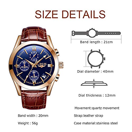 LIGE Men's Watches Elegant Luxury Analog Quartz 3ATM Waterproof Chronograph Watch for Male Fashion Casual Brown Leather Round Blue Dial Calendar Business Gents Dress Wristwatch
