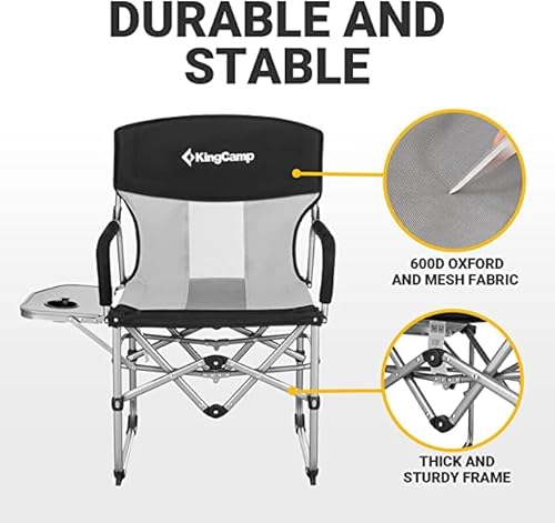 KingCamp Folding Camping Chair, Heavy Duty Director's Seat for Adults Outside, Portable Lawn Chairs with Side Table Breathable Mesh Back Compact Style for Outdoor Sports