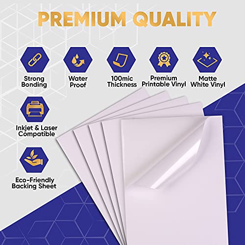Avarrix Australia Printable Vinyl Sticker Paper for Inkjet Laser Printer, Matte White, 20 Sheets, Waterproof Label Stickers, Printable Vinyl Sheets, Tear Resistant, Quick Dry Vibrant Colours, A4 Size