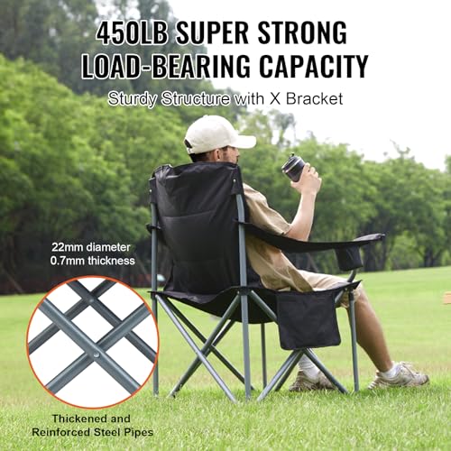 VEVOR Oversized Camping Folding Chair, 450 LBS Heavy Duty Outdoor Quad Lumbar Back Padded with Side Pockets, Cup Holder and Cooler Bag for Beach, Picnic, Fishing, Black