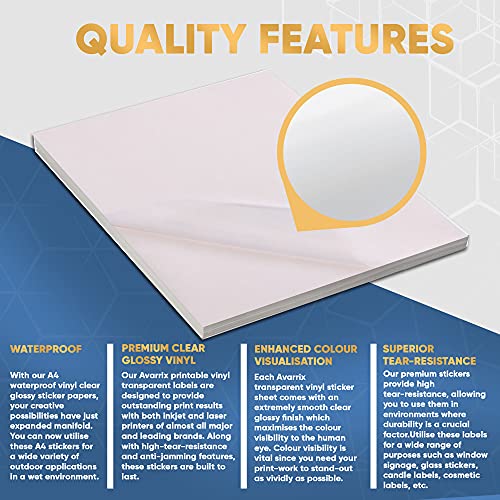 Avarrix Australia Printable Vinyl Sticker Paper for Inkjet & Laser Printer, Frosted Clear Glossy, 25 Sheets, A4 Size, Glossy Transparent Self Adhesive Sheets, Waterproof A4 Sticker Paper for Printer