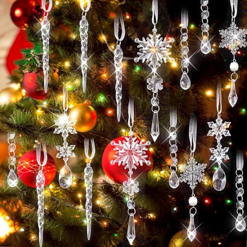 iDopick 30Pcs Christmas Crystal Snowflake Decorations Acrylic Hanging Snowflake Icicle Drop Ornaments Set Crystal Christmas Ornaments with Sliver Rope for Christmas Tree Decorations