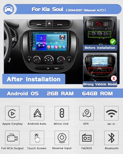 (Manual A/C) Roinvou 2+64G Android CarPlay Stereo for 2014-2017 Kia Soul, Built-in Wireless CarPlay with Android Auto, 9'' Touch Screen in-Dash GPS Navigation Support Mirror Link BT FM RDS AHD WiFi