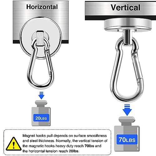 LOVIMAG Strong Magnetic Hooks, 70LBS Magnetic Hooks Neodymium Magnets Hooks, Magnetic Hooks Cruise with Swivel Carabiner Hook for Hanging, Cruise, Grill, Tool Room, Warehouse, Kitchen, Home etc-6 Pack