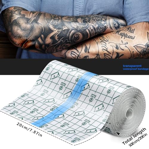 Waterproof Transparent Bandage, 7.8"x200" Large Stretch Adhesive Plasters, Tattoo Bandage Roll, Stretch Cuttable Cohesive Wrap Dressing Tapes Disposable Film for Wound, Shower Shield, Art, Skin-Friendly, Painless