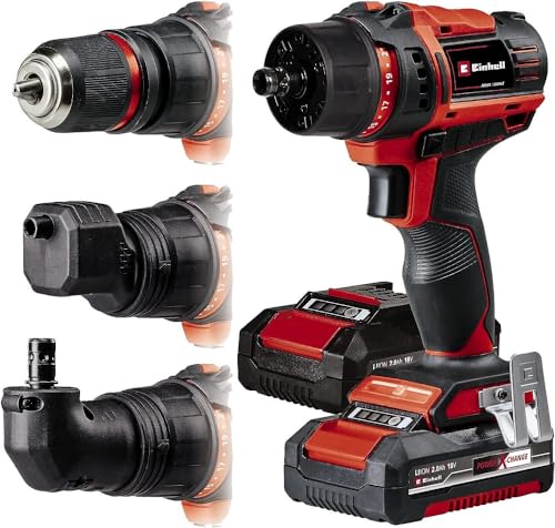 Einhell Cordless Drill TE-CD 18/45 3X-Li+22 Power X-Change (18 V, 45 Nm, Angle Attachment, Eccentric Attachment, 22-Piece Bit Set, 2 x 2.0 Ah Battery, Charger + E-Box)