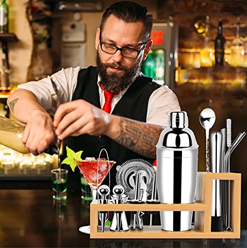 BRITOR Cocktail Set Cocktail Shaker Set,17 Piece Stainless Steel Bartender Kit with Bamboo Base Kitchen Accessories Cocktail Shaker Bar Tool Set with Recipe Book