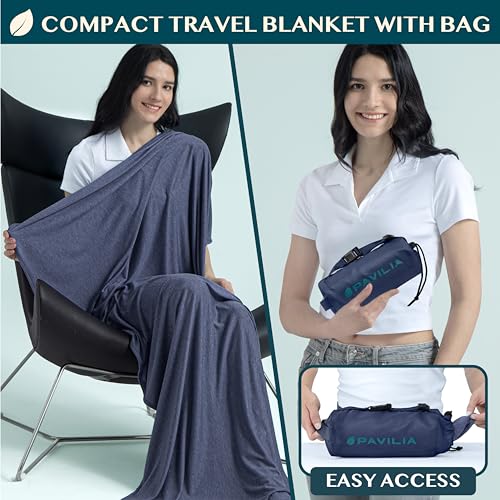 PAVILIA Travel Blanket Airplane Compact with Bag, Soft Packable Plane Blanket Kids Adults, Portable Camping Flight Essentials, Travelers Gifts Accessories, Luggage Backpack Strap, 65x40 Navy Blue