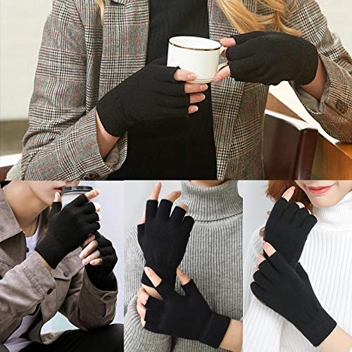 2 Pair Half Finger Gloves Winter Knit Touchscreen Warm Stretchy Mittens Fingerless Gloves in Common Size for Men and Women,black, Black, Large