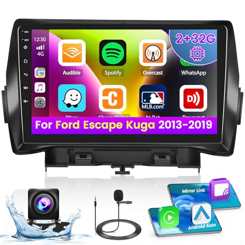 Roinvou 2+32G Android CarPlay Stereo for 2013-2019 Ford Escape Kuga, 9'' Touch Screen in-Dash GPS Navigation with Built-in Wireless CarPlay Android Auto Support Mirror Link BT RDS AHD DSP