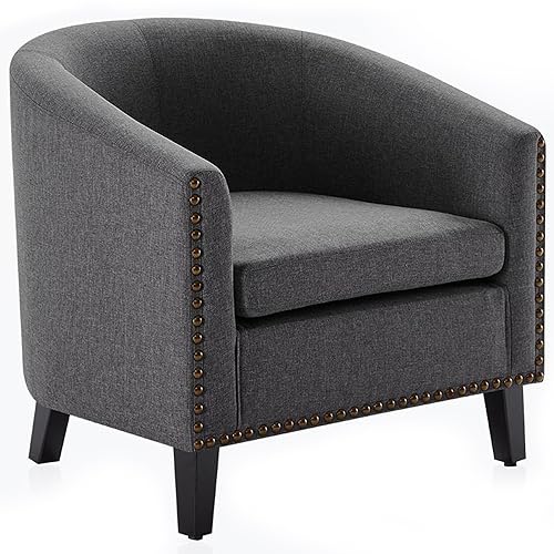 BELLEZE Accent Barrel Chair, Modern Tub Club Chair Upholstered Armchair for Living Room, Accent Chair with Gold Nail Head Trim Black Legs - Kyara (Gray/Linen)