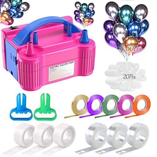 Electric Air Balloon Pump, Portable Balloon Inflator with 50PCS Chrome Metallic Balloons, Tying Tools, 20 Flower Clips, Tape Strip & Dot Glues Balloon Blower for Garland Party Birthday Wedding Decor