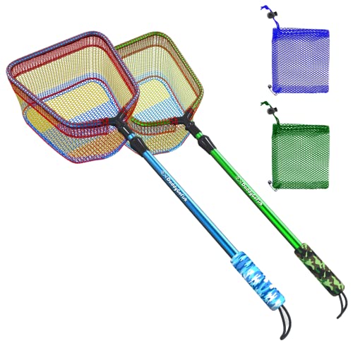 DaddyGoFish Kids Fishing Net - Ultralight Telescopic Landing Net Bait Pouch for Catching Fish Frog Minnow Cricket Butterfly at Water Beach Lake Pond Gifts for Boys and Girls - 2 Pack, Blue + Green