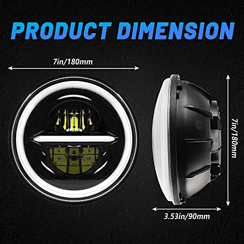 MONDEVIEW 7 Inch LED Headlight Round Halo Angel Eyes 8000LM 6000K 7" Headlights High/Low Beam DRL Amber Turn Signal Off Road H6024 LED Headlight for Wrangler Jeep Harley Motorcycle 2 PCS