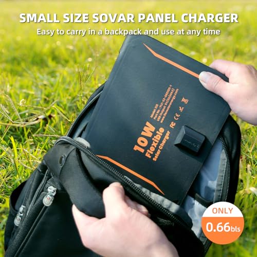 FlexSolar 10W Portable Solar Chargers 5V USB Small Power Emergency ETFE Panels Foldable IP67 Waterproof Camping Hiking Backpacking for Phones Fans Flashlight Watches Small Power Banks Battery Packs