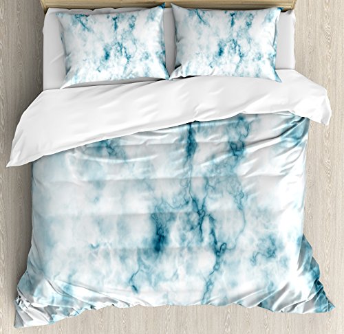 Ambesonne Apartment Decor Duvet Cover Set, Fluffy Cloud Skyline Like Marble Motif with Grunge Features Art Image, 3 Piece Bedding Set with Pillow Shams, Queen/Full, Turquoise