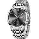 LIGE Watch for Men Fashion Elegant Analog Quartz Watch for Male Casual Waterproof Silver Stainless Steel Calendar Luxury Business Gents Dress Wristwatch Black Round Dial