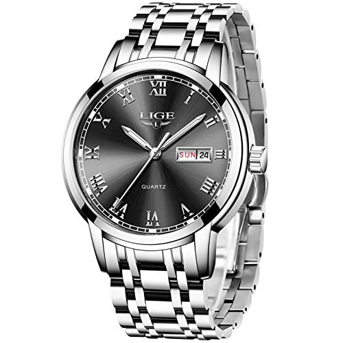 LIGE Watch for Men Fashion Elegant Analog Quartz Watch for Male Casual Waterproof Silver Stainless Steel Calendar Luxury Business Gents Dress Wristwatch Black Round Dial