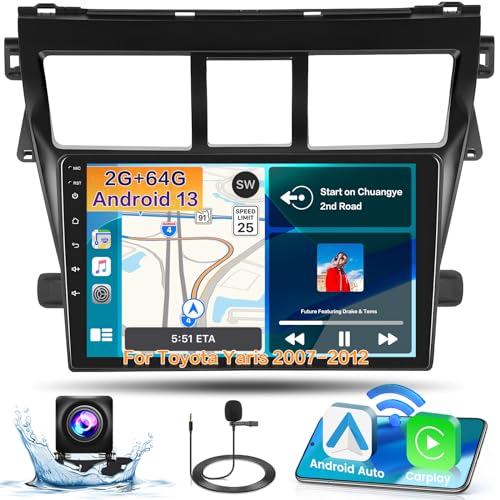 Roinvou 2+64G Android CarPlay Stereo for 2007-2012 Toyota Yaris Vios, Built-in Wireless CarPlay with Android Auto, 9'' Touchscreen in-Dash GPS Navigation Support Mirror Link BT FM RDS AHD