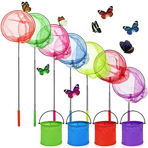 ZENFUN 11 Pack Kids Telescopic Butterfly Nets, 7 Extendable Fishing Nets with 4 Folding Water Buckets, Outdoor Insect Catching Nets, Great for Catching Ladybird, Bugs, Fish, Insect