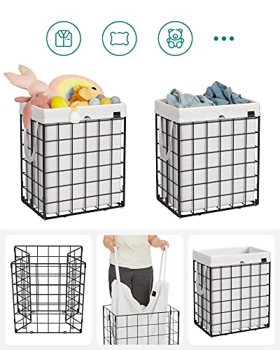 SONGMICS 90L Laundry Basket, Collapsible Washing Basket, Laundry Hamper, Removable and Washable Bag, Metal Wire Frame, for Bedroom Bathroom, Black and White LCB190W01