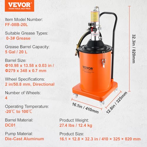 VEVOR Grease Pump, 20L Capacity, Air Operated Grease Pump with 3.88 m High Pressure Hose and Grease Gun, Pneumatic Grease Bucket Pump with Wheels, Portable Lubrication Grease Pump 50:1 Pressure Ratio