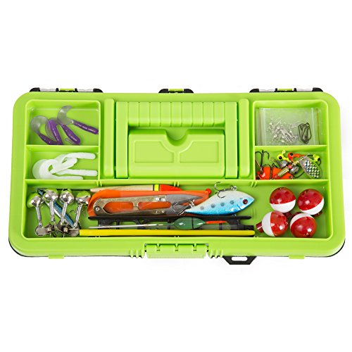 Wakeman Fishing Single Tray Tackle Box- 55 Piece Tackle Gear Kit Includes Sinkers, Hooks Lures Bobbers Swivels and Fishing Line by Outdoors Lime Green