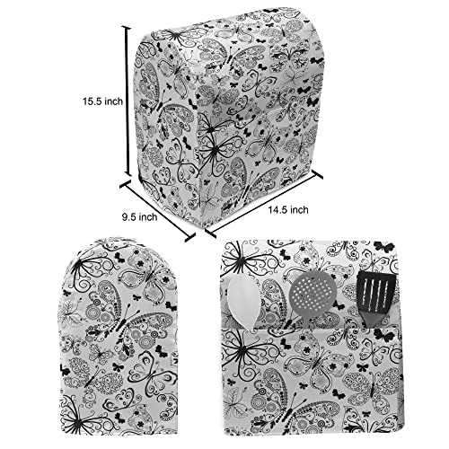 Ambesonne Tattoo Stand Mixer Cover, Monochrome Pattern with Floral Abstract Butterflies in Filigree Style Spiral Wings, Kitchen Appliance Organizer Bag Cover with a Pocket, 6-8 Quarts, Black and White
