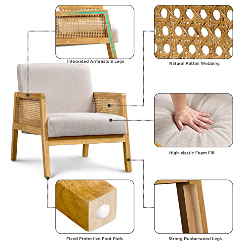 Yaheetech Accent Chair, Armchair with Rattan Armrest and Wood Legs, Mid Century Modern Living Room Chair Linen Comfy Lounge Chair for Bedroom Hosting Room Reading Room, Set of 2, Beige