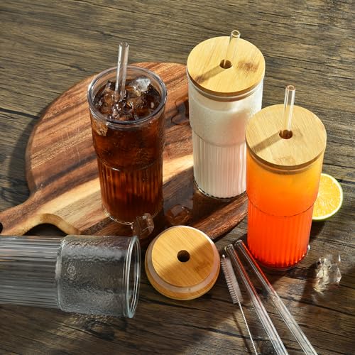 Drinking Glasses with Bamboo Lids and Glass Straw 2pcs Set - 22oz Transparent Striped Glass Cups, Beer Glasses, Iced Coffee Glasses, Cute Tumbler Cup, Ideal for Cocktail, Whiskey,