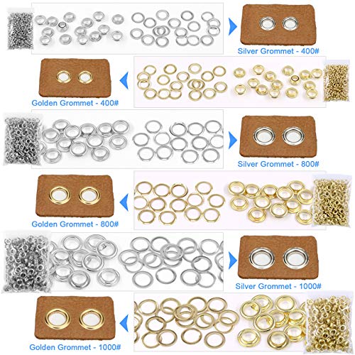 Glarks 3007Pcs Heavy Duty Hand Press Grommet Eyelet Machine Hole Punch Tool Kit Including Grommet Machine with 3 Dies #0#2#4 and 3000Pcs Golden & Sliver Grommets for Banner, Awning, Poster, Curtain