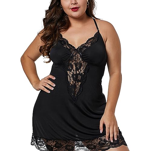 ZPLxi Lingerie Plus Size Lace V-Neck Babydoll Halter Chemise Mini Teddy Nightdress Backless Loose Satin Pajamas Mesh Sleepwear Dress for Women Girls Black